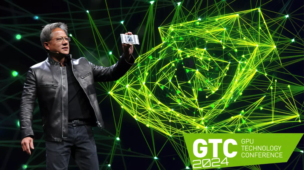 Jensen Huang, CEO of Nvidia, presenting at the GPU Technology Conference GTC 2024, holding the new Blackwell chip, with a dynamic background of green interconnected lines symbolizing networked technology.